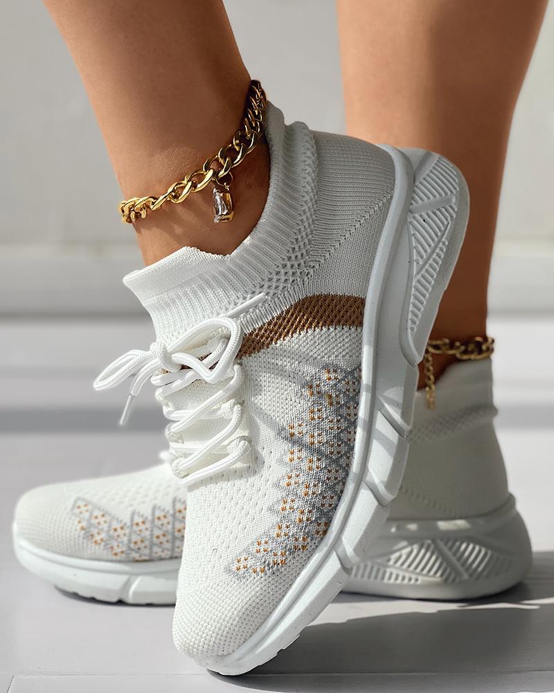 

Breathable Contrast Paneled Lace-up Sneakers, White