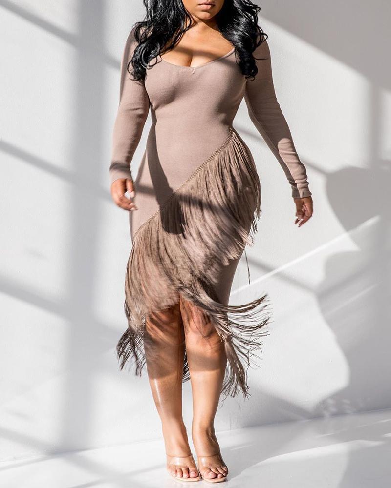

Tassel Design Long Sleeve Dress, Khaki