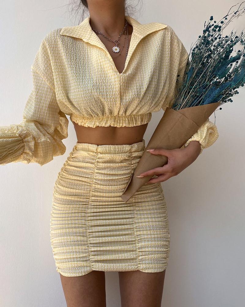 

Plaid Print Lantern Sleeve Crop Top & Ruched Skirt Set, Yellow