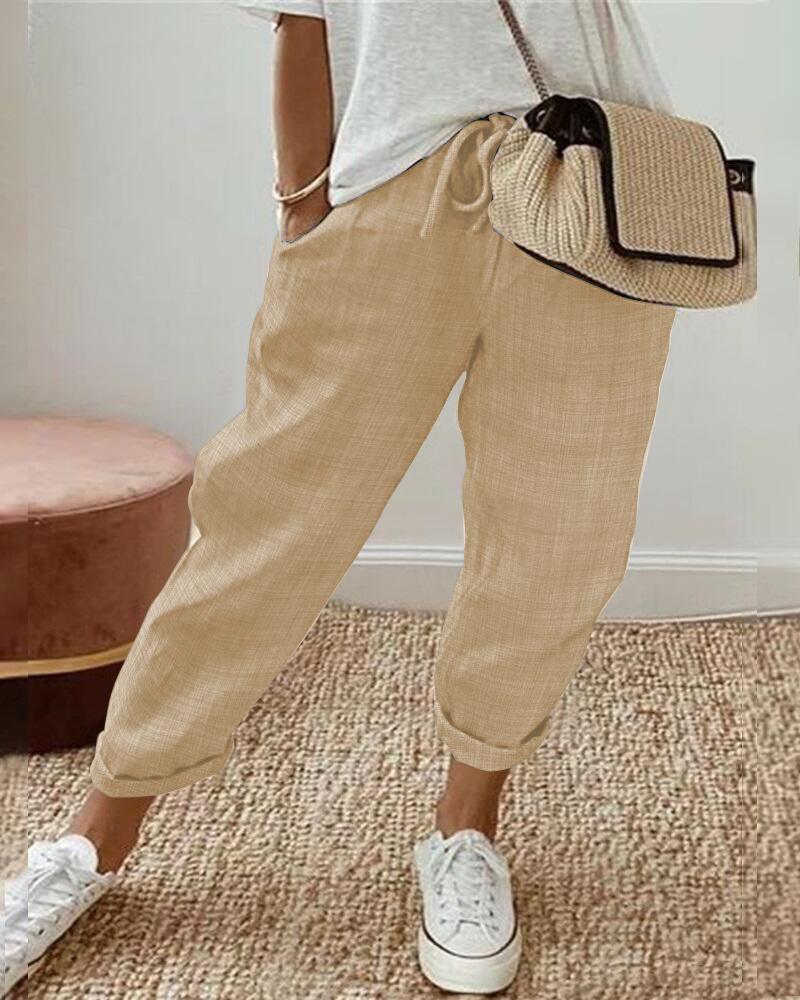 

Drawstring Pocket Design Causal Pants, Apricot