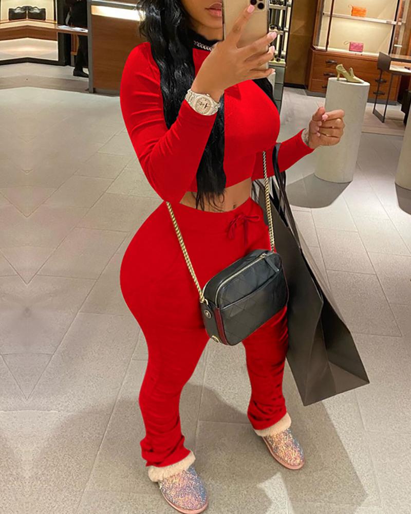 

Plain Long Sleeve Top & Ruched Pant Set, Red