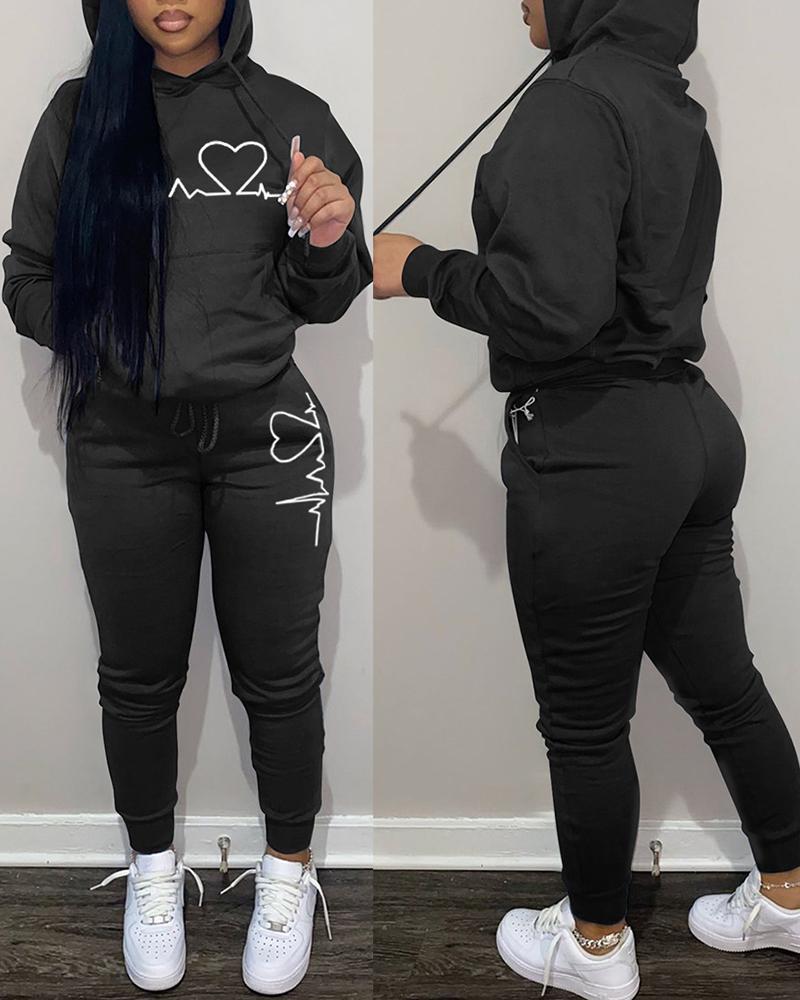 

Heart Print Pocket Design Hoodie & Pants Set, Black
