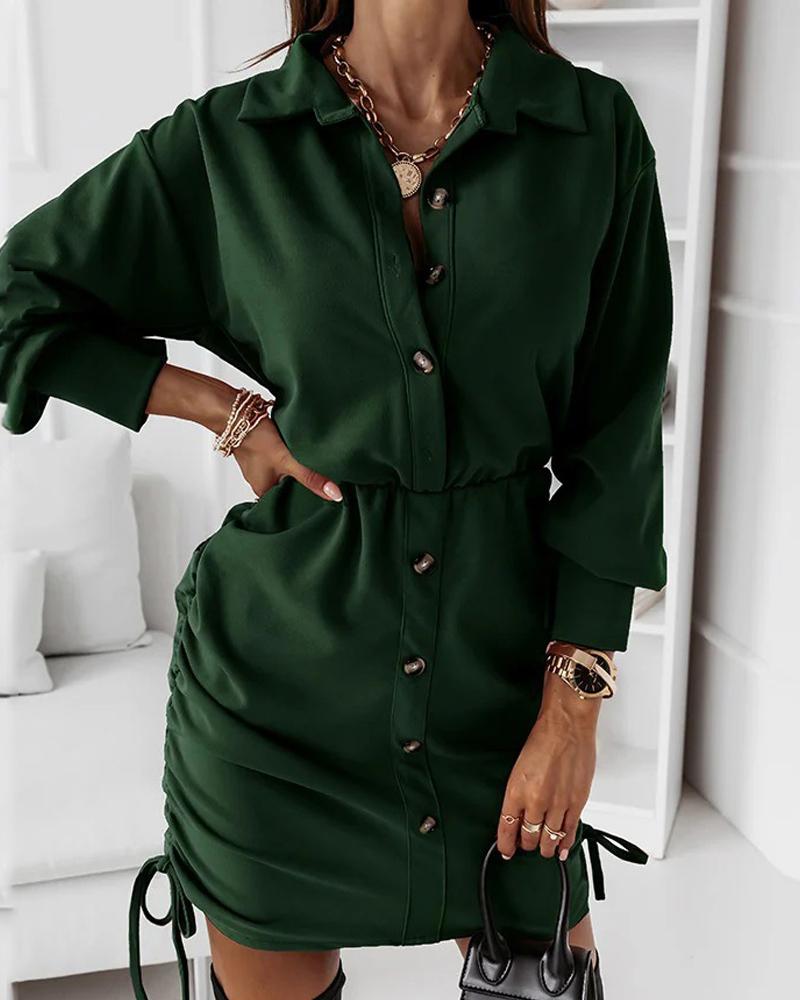 

Drawstring Ruched Drop Shoulder Button Front Shirt Dress, Green