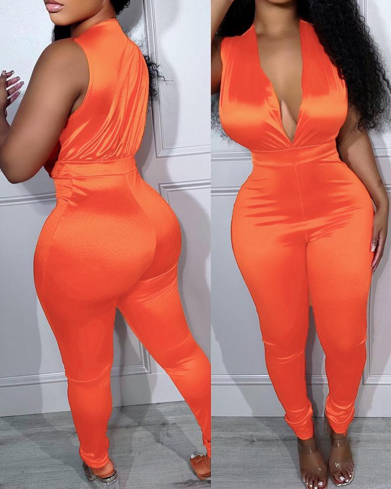 

Plunge Sleeveless Satin Jumpsuit, Orange