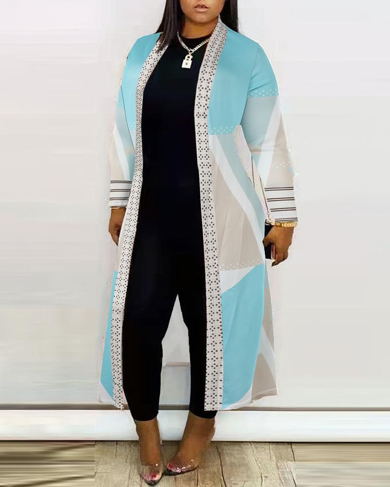 

Plus Size Geometric Print Open Front Longline Coat, Blue