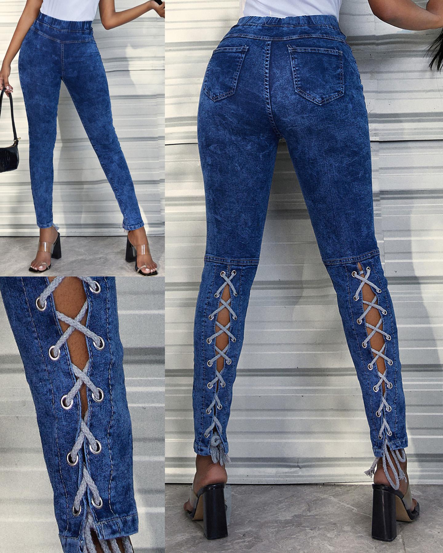 

Eyelet Lace-up Skinny Jeans, Dark blue