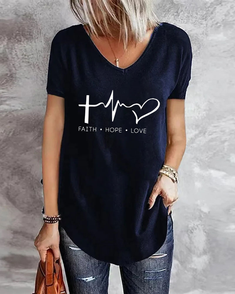 

Letter Heart Print Casual T-shirt, Purplish blue