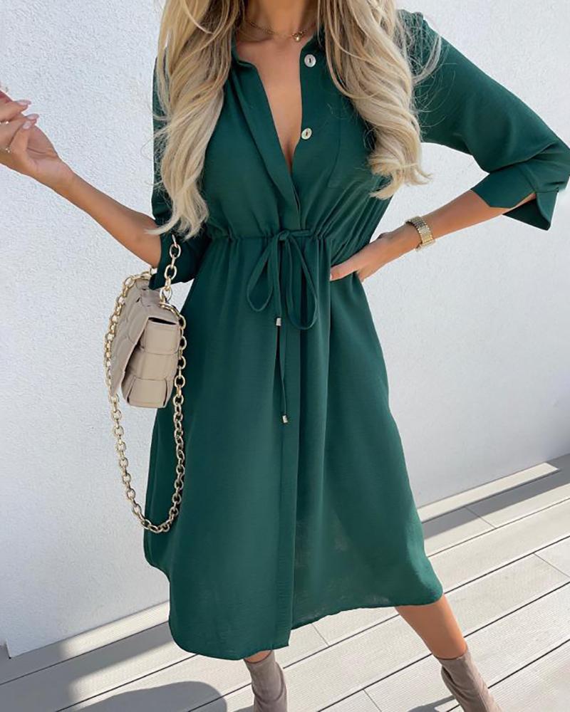 

Tied Detail Button Design Shirt Dress, Green