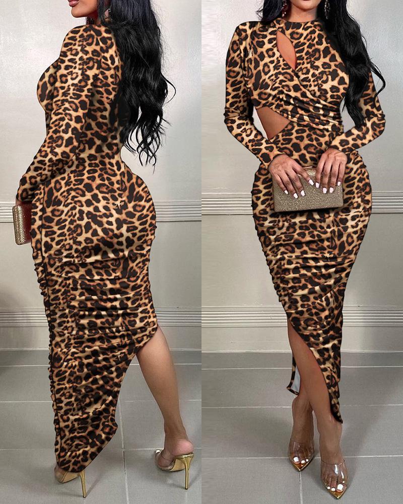 

Leopard Print Cutout Split Hem Ruched Party Dress