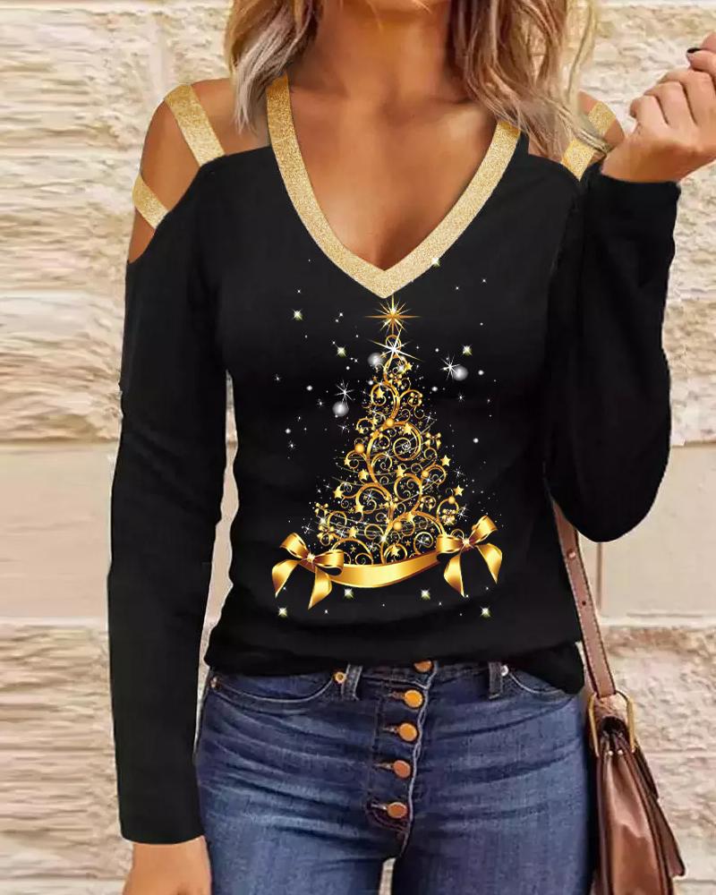 

Christmas Tree Print Cold Shoulder Top, Black