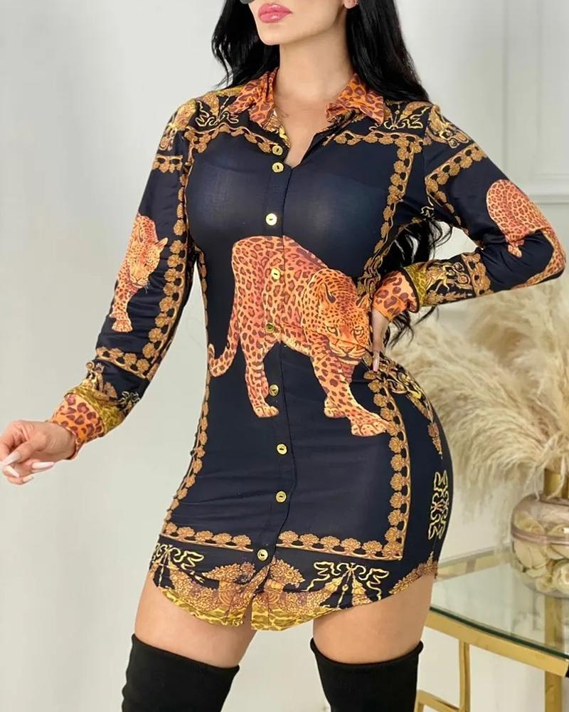 

Animal Print Long Sleeve Buttoned Shirt Dress, Purplish blue