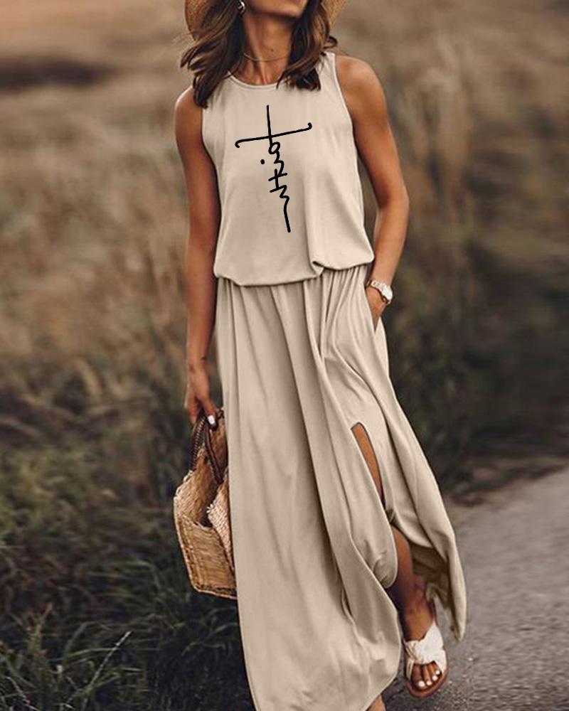 

Letter Print Pocket Detail Slit Casual Tank Dress, Apricot