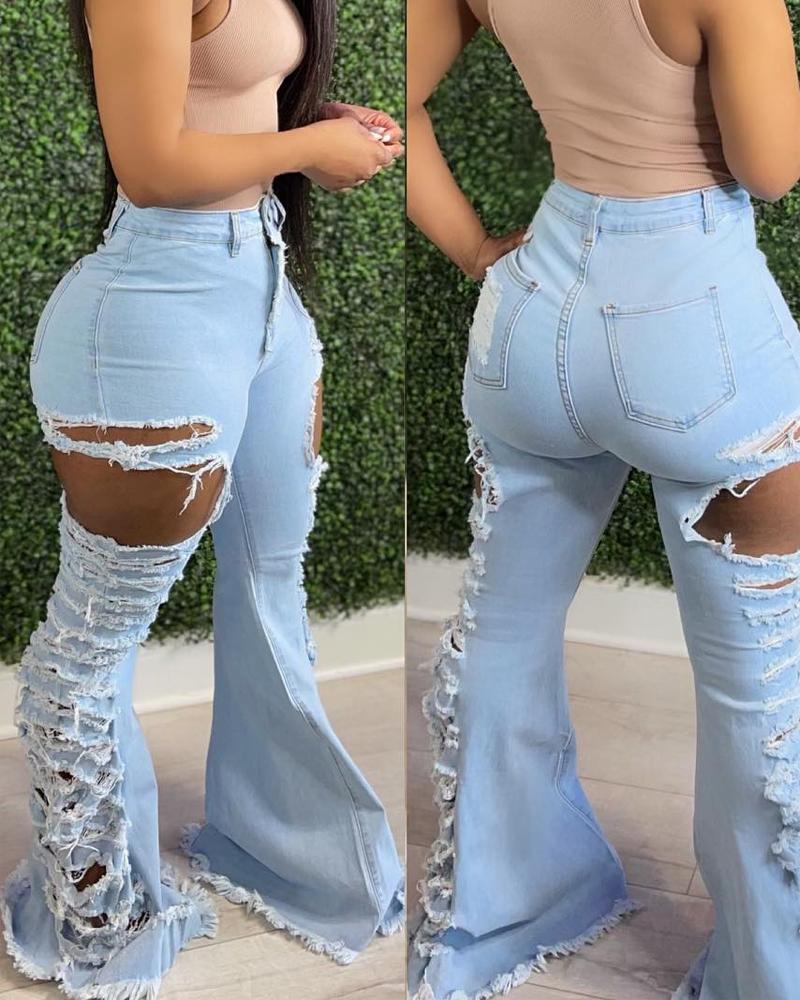 

High Waist Cutout Ripped Bootcut Jeans, Blue