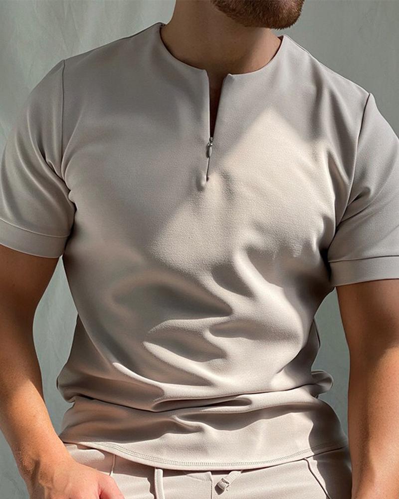 

Solid Short Sleeve Zip-up Loose Shirts, Khaki