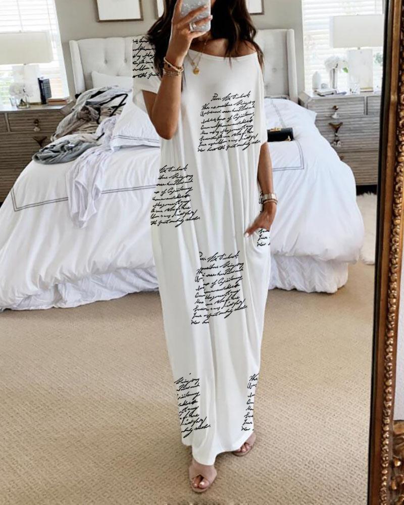 

Letter Print Pocket Decor Maxi Dress, White