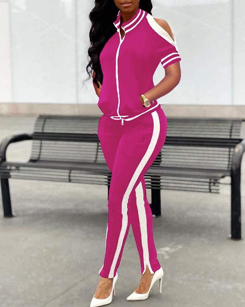

Striped Colorblock Cold Shoulder Zip Top & Pants Set, Pink