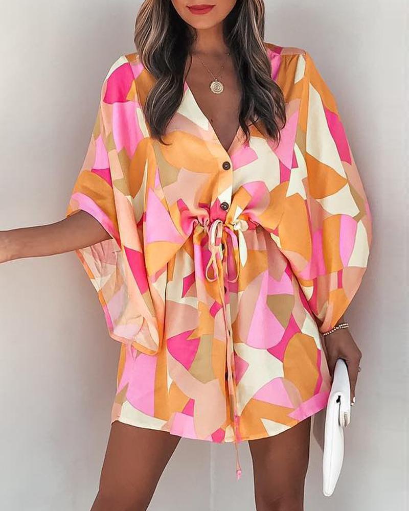 

Geo Print Drawstring Casual Dress, Multicolor
