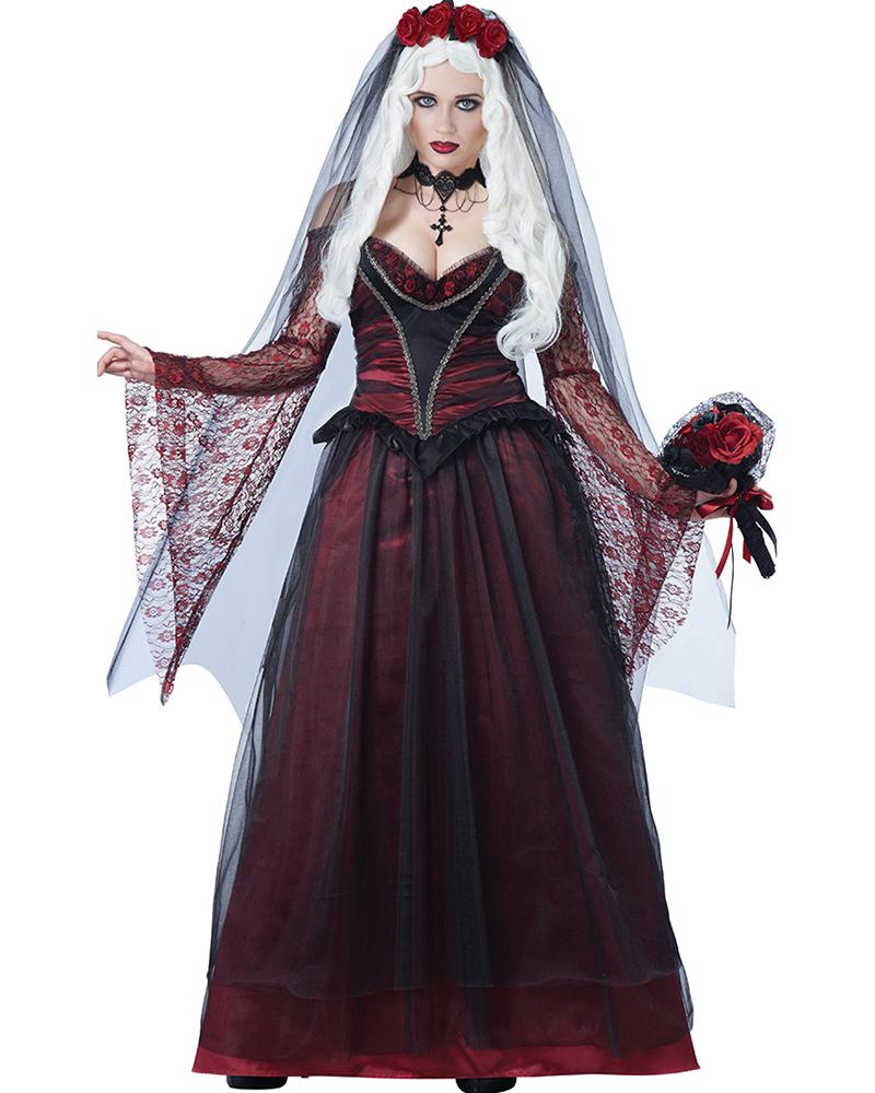 

Halloween Zombie Ghost Bride Queen Vampire Scary Costume With Veil, Red