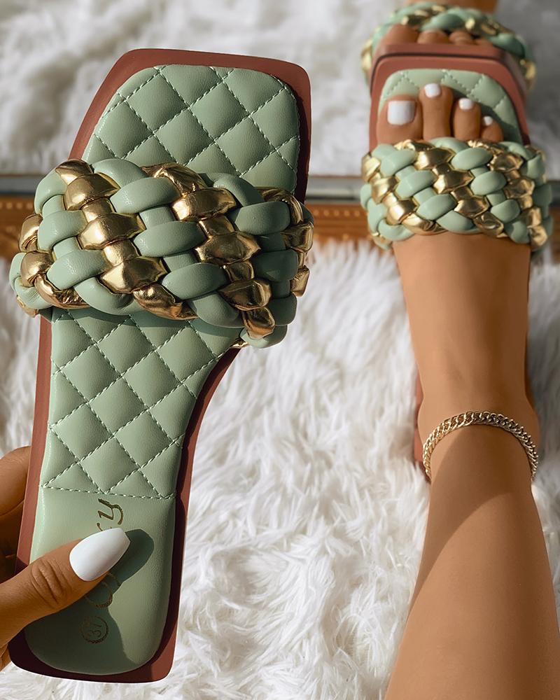 

Braided Quilted Square Toe Slippers, Green