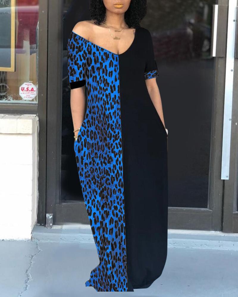 

Leopard Print Colorblock V-neck Casual Dress, Dark blue