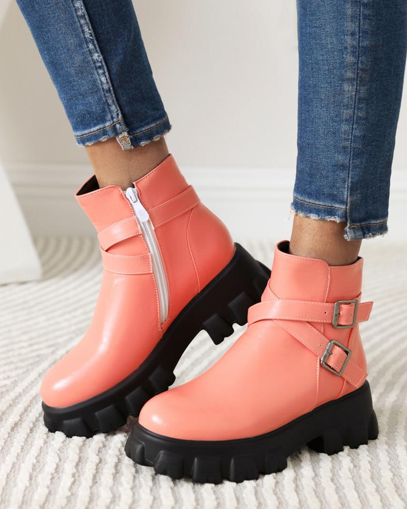 

Womens Cross Straps Decoration Round Toe Martin Boots, Pink