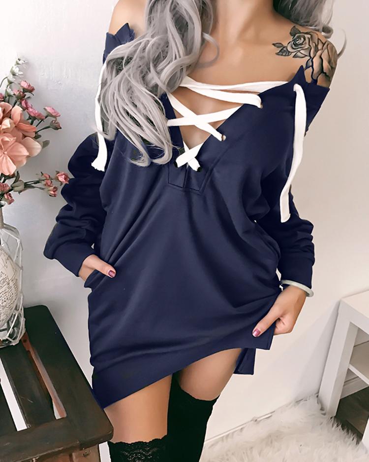 

Trendy Lace-up Casual Sweatshirt, Dark blue