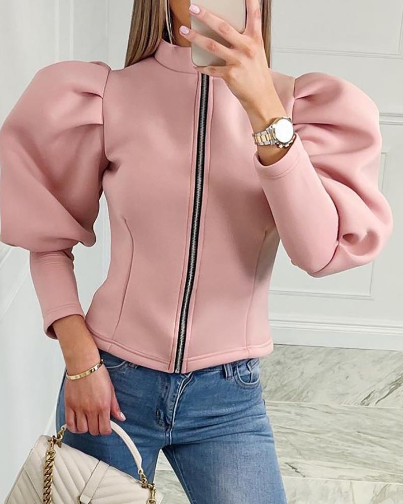 

Zipper Front Long Sleeve Plain Top, Pink