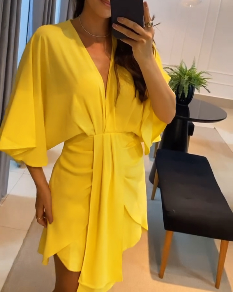 

Plunge Bell Sleeve Asymmetrical Hem Casual Dress Draped Mini Dress, Yellow