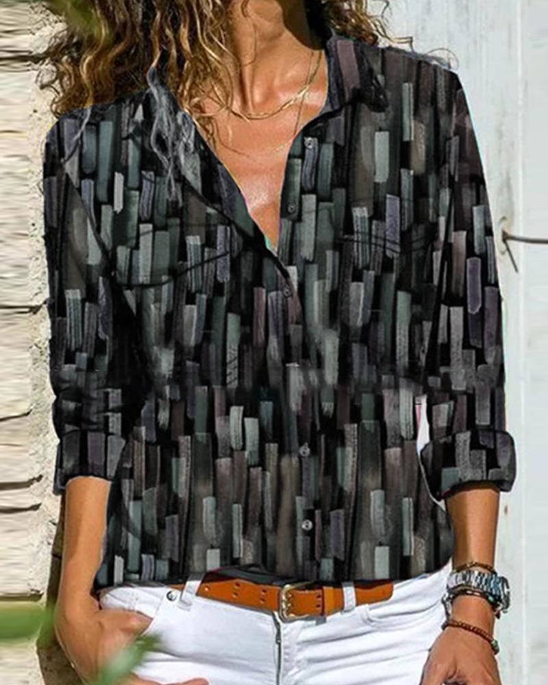 

Multicolor Print Long Sleeve Button-up Blouse, Gray