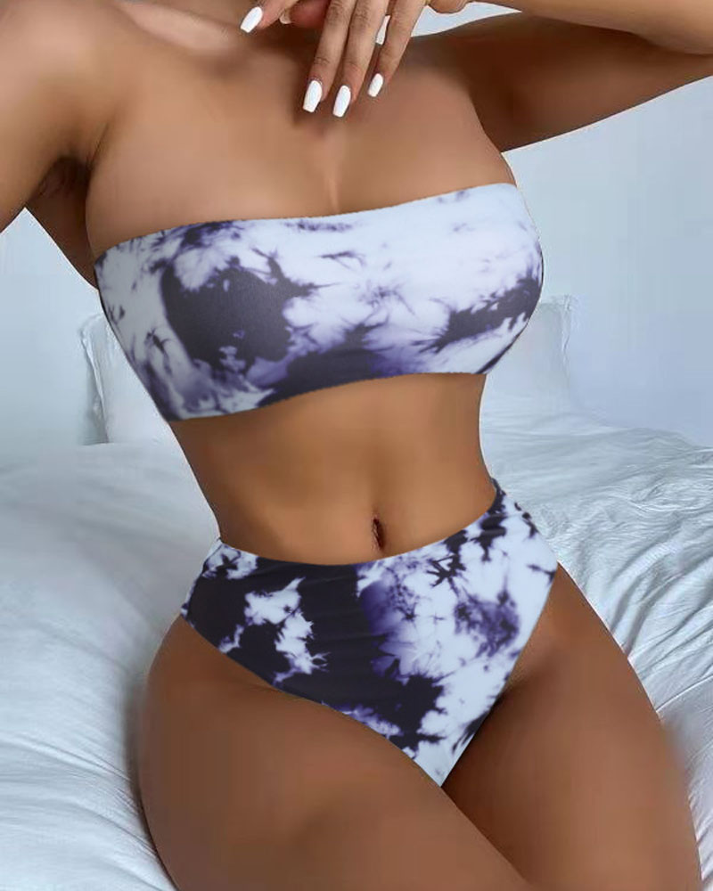 

Tie Dye Lace-up Back Bandeau Bikini Set, Blue