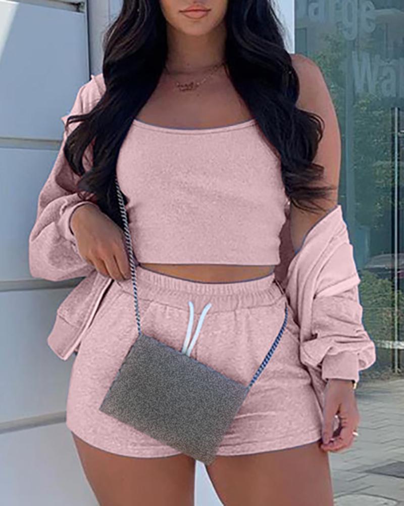 

U-Neck Crop Top & Casual Shorts Set With Coat, Pink