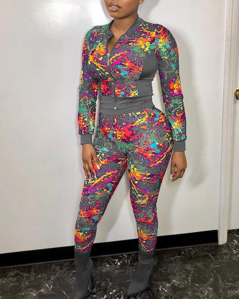 

Colorblock Zipper Front Long Sleeve Top & High Waist Pants Set, Gray