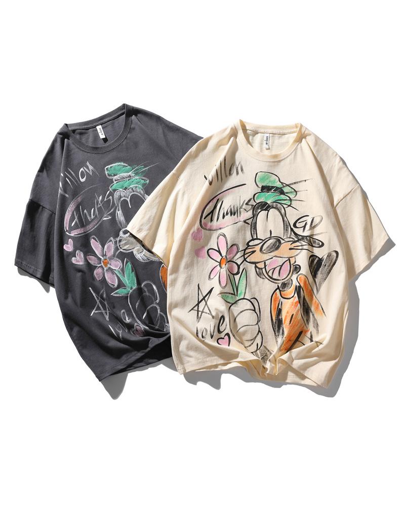 

Flower Graphic Print Short Sleeve Loose T-shirts, Apricot