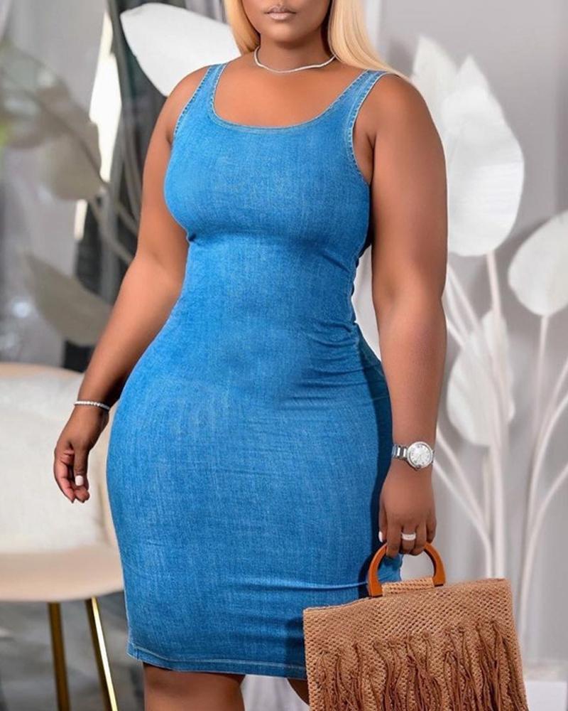 

Denim Look U-Neck Sleeveless Bodycon Tank Dress, Blue