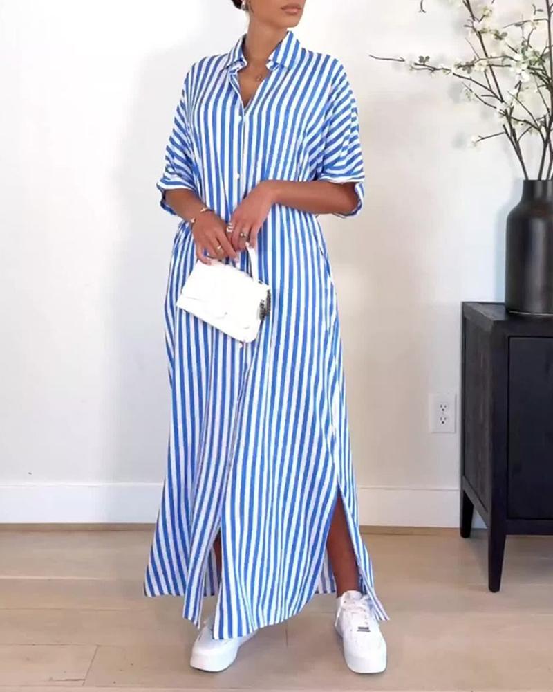

Striped Buttoned Side Slit Shirt Dress, Blue