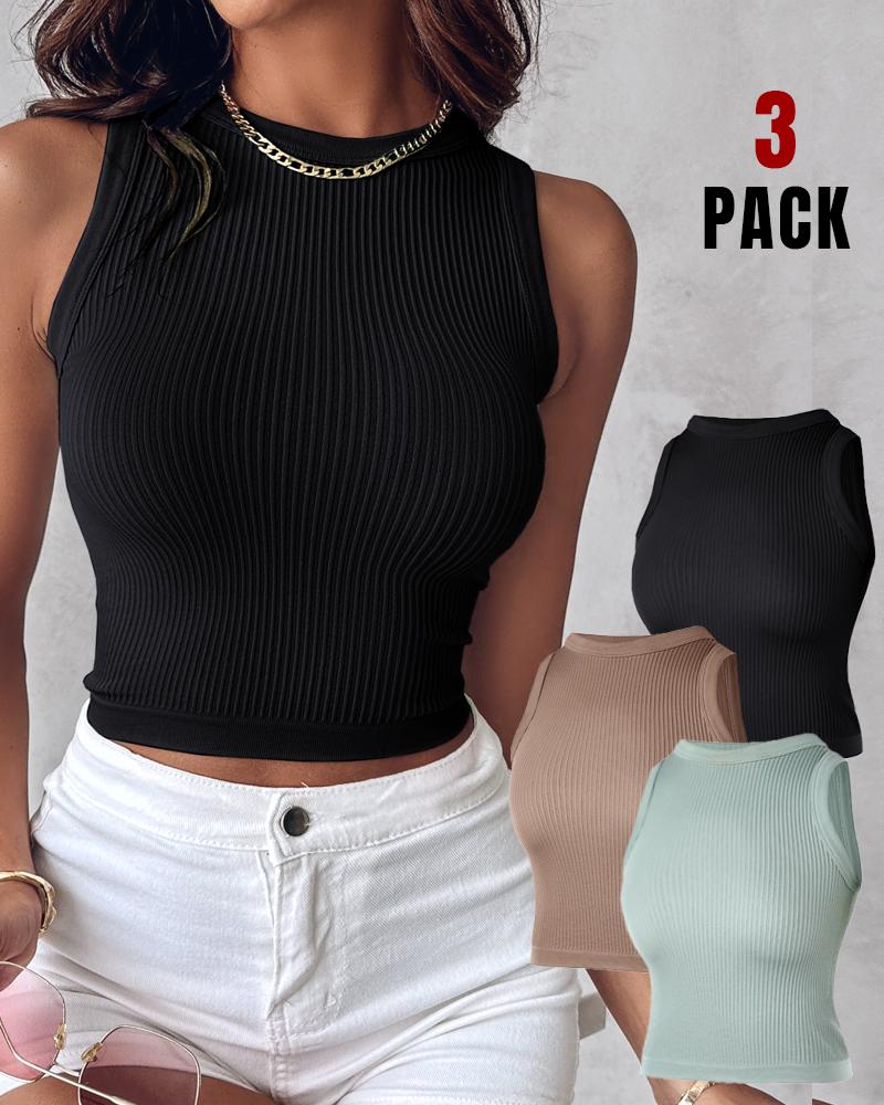 

3-Pack Crew Neck Seamless Rib-Knit Crop Tank Top, Style3