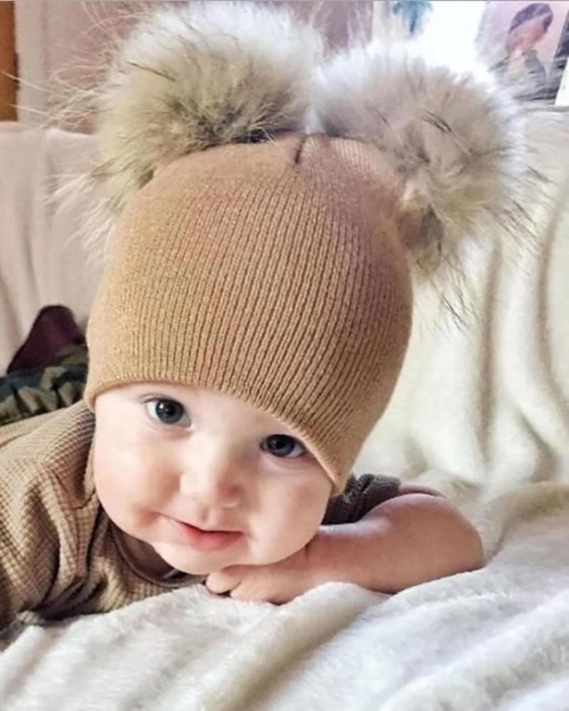 

Knit Double Pom Pom Decor Cuffed Beanie For Kids, Khaki