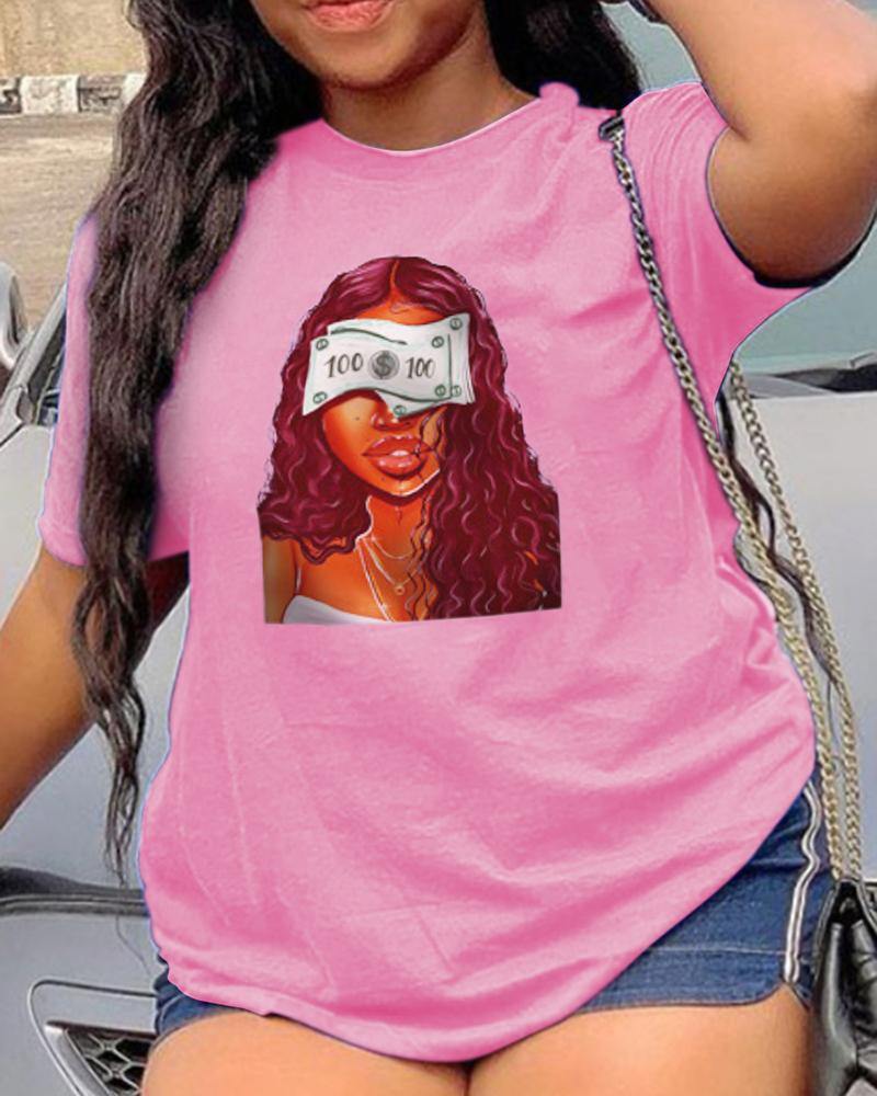 

Cartoon Cool Girl Print Short Sleeve T-shirt, Pink