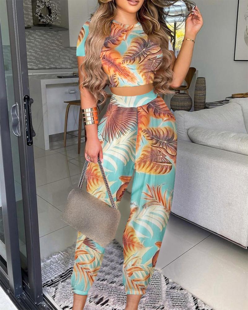 

Tropical Print Crop Top & High Waist Pants Set, Blue