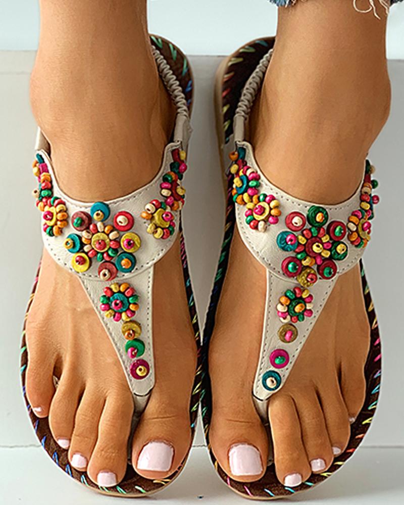 

Colorful Beaded Toe Post Slippers, Beige