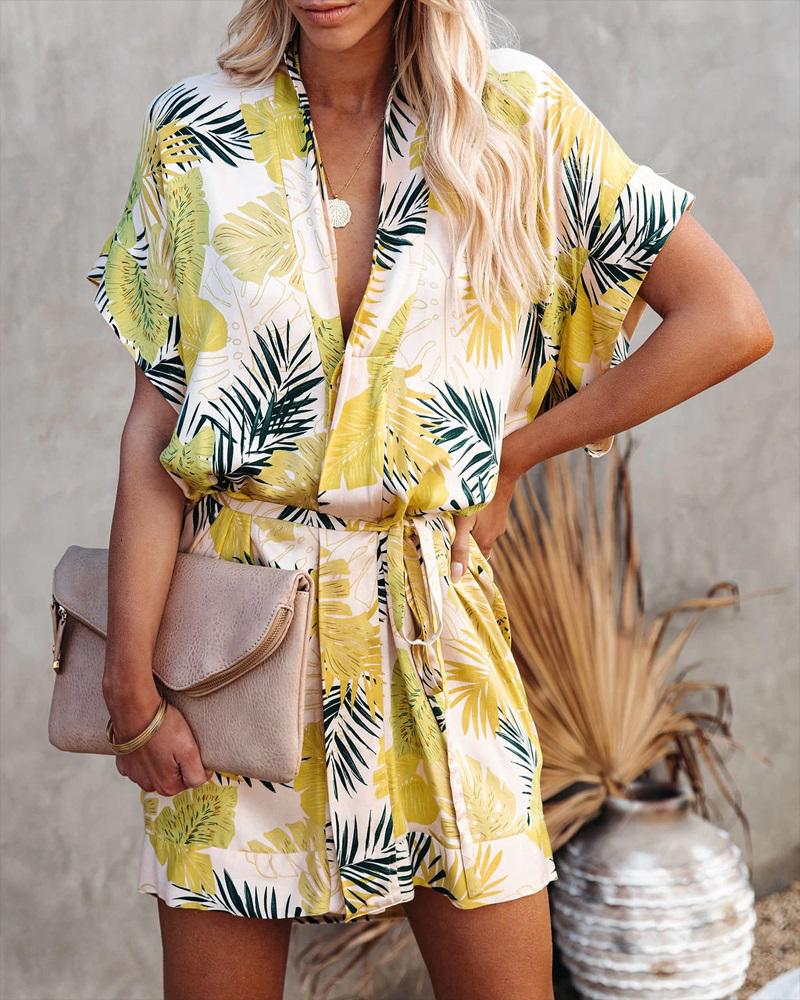 

Button Front Tropical Print Casual Dress, Yellow