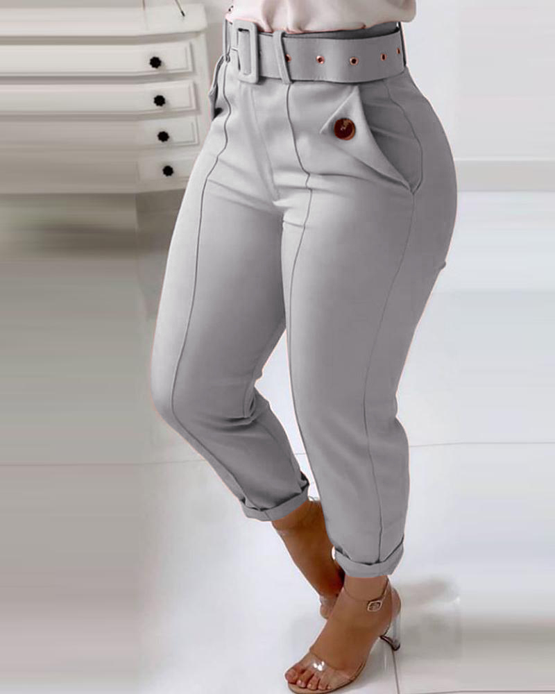 

Pocket Design Buttoned Casual Pants, Light gray