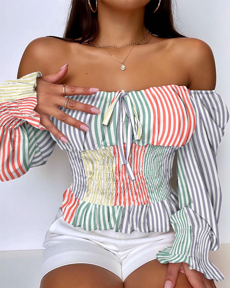 

Colorful Striped Floral Print Cold Shoulder Casual Blouse, Multicolor