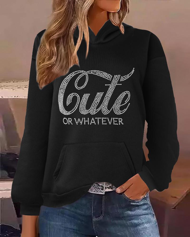 

Rhinestone Cute OR WHATEVER Pattern Crew Neck Hoodie, Black