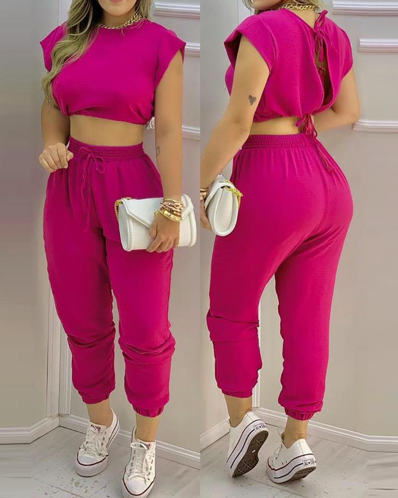 

Tied Back Tassel Design Crop Top & Drawstring Pants Set, Hot pink