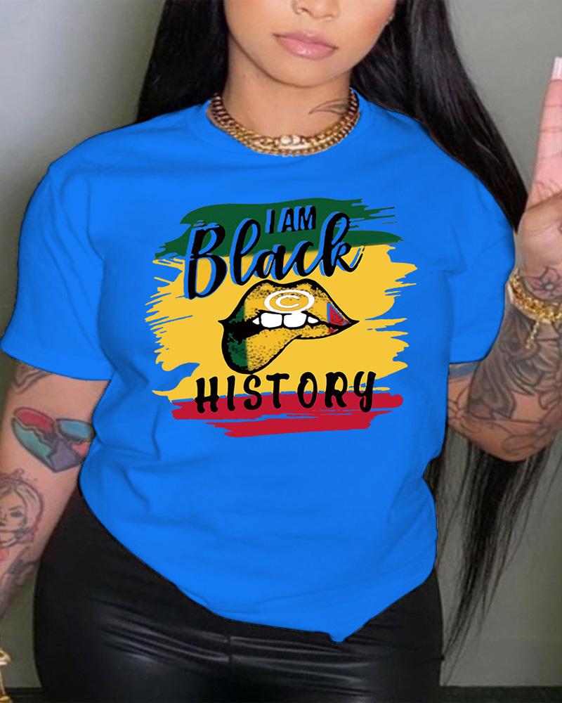 

Plus Size I Am Black History Lip Print Casual T-shirt, Blue