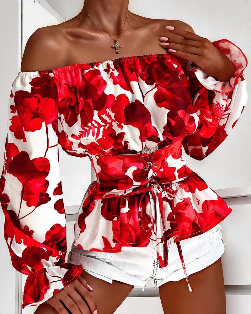 

Off Shoulder Floral Print Bell Sleeve Top With Eyelet Lace-up Corset, Red