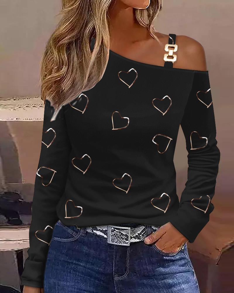 

Valentine' Day Heart Print Cold Shoulder Top, Black