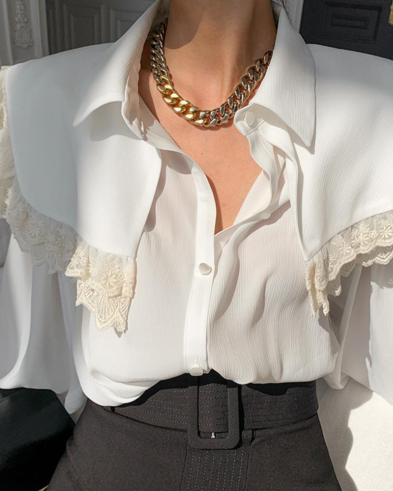 

Solid Lace Contrast Long Sleeve Layered Sleeve Button-up Blouse, White