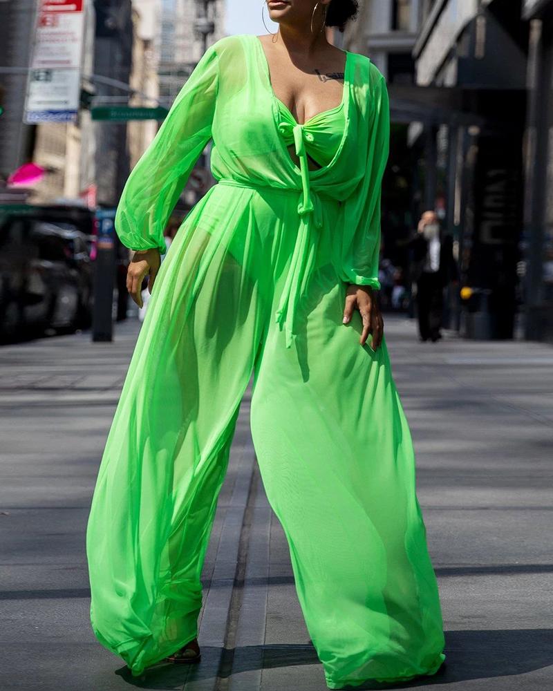 

Plain Tied Detail Sheer Mesh Jumpsuit, Green